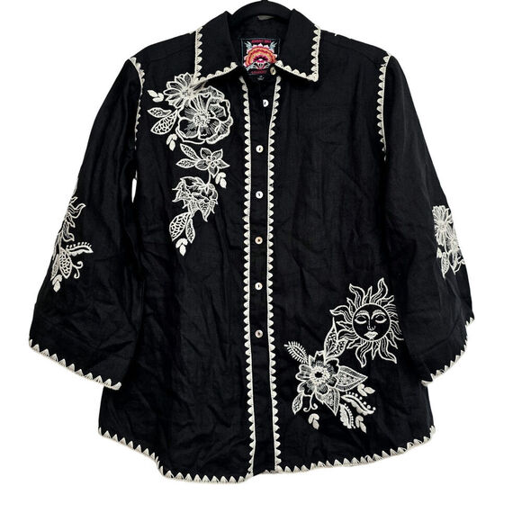 Johnny Was Addison Kimono Sleeve Shirt Black Floral Embroidered Linen Tunic XS - Picture 2 of 16